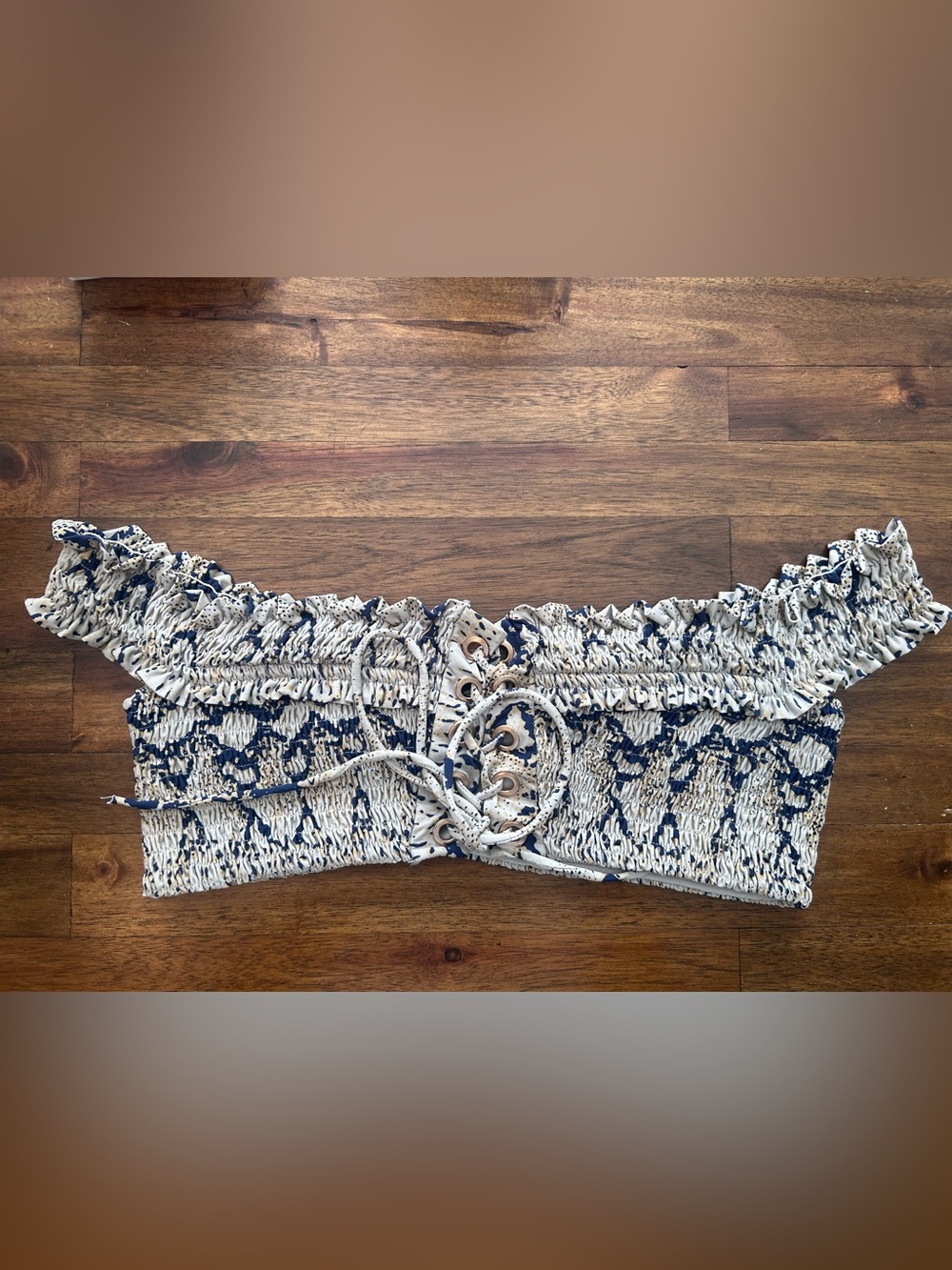 Lioness Snakeskin Ruche Off the Shoulder Tie Front Navy Gold and Green Swim Top